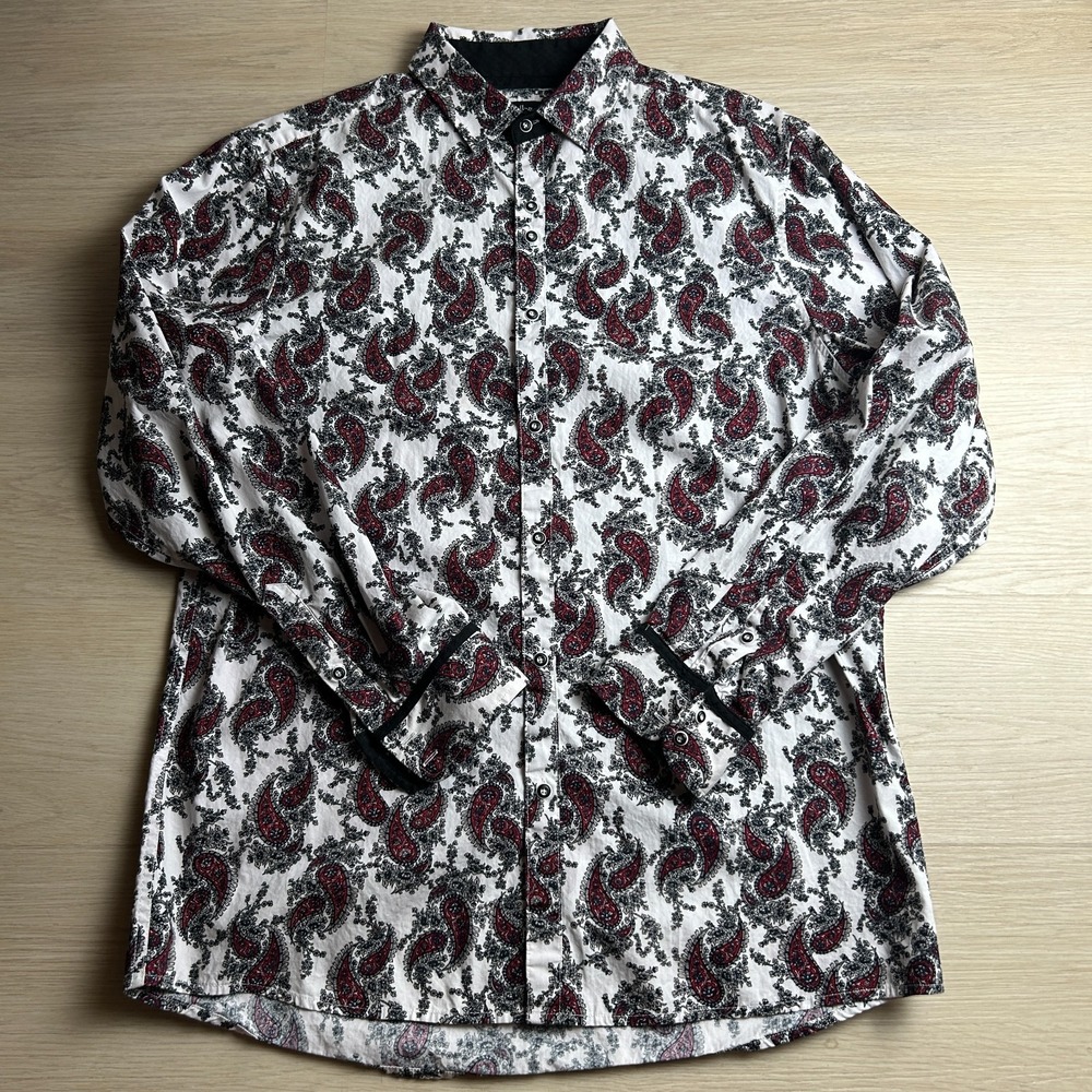 Rock Roll-n-Soul Mens XL Paisley Long Sleeve Button Up Shirt White Red Black